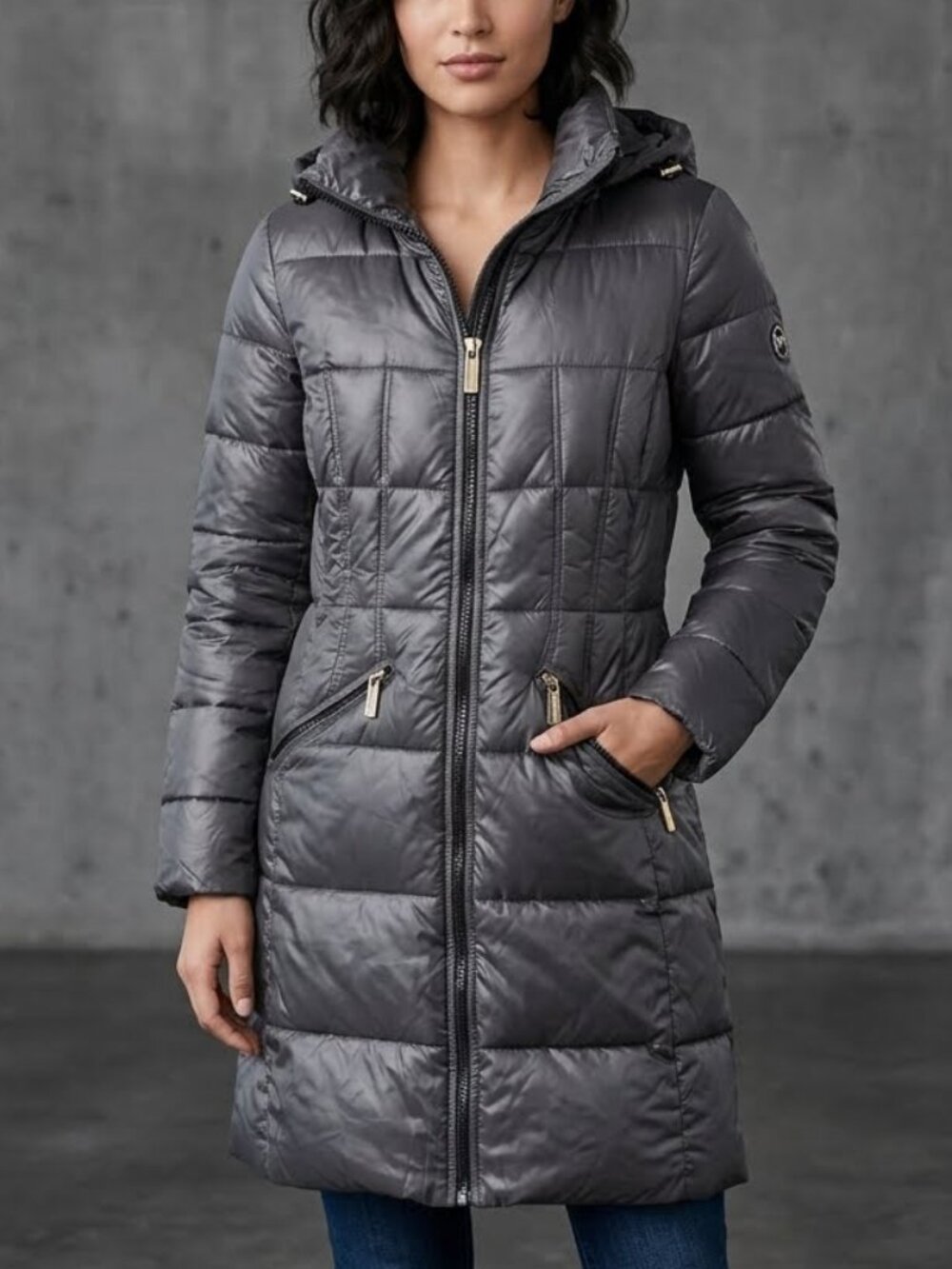 Michael Kors Gray Hooded Long Puffer Removable Hood Coat Jacket Parka Women's XS